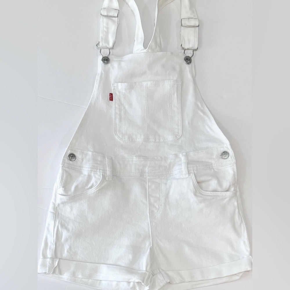 Levi's Girls White Denim Short Overalls Size 12 Adjustable Bib Shorts